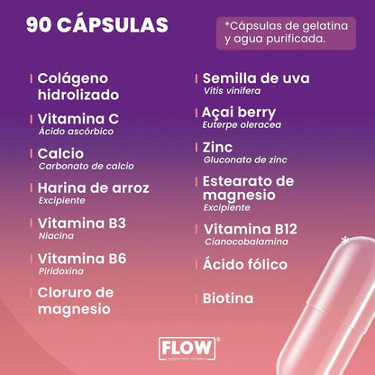 Multivitamínico para la mujer con colágeno, Calcio, Ácido fólico 1500mg por porción de Flow Supplement  | Apoyo de la función inmunológica, proporciona equilibrio hormonal y energía | 90 cápsulas vegetales
