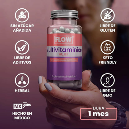 Multivitamínico para la mujer con colágeno, Calcio, Ácido fólico 1500mg por porción de Flow Supplement  | Apoyo de la función inmunológica, proporciona equilibrio hormonal y energía | 90 cápsulas vegetales