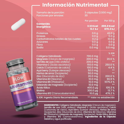 Multivitamínico para la mujer con colágeno, Calcio, Ácido fólico 1500mg por porción de Flow Supplement  | Apoyo de la función inmunológica, proporciona equilibrio hormonal y energía | 90 cápsulas vegetales