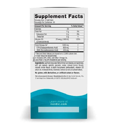 Omega 3 1280mg de Nordic Naturals | Apoyo de la función Cerebral, Ocular y Cardiovascular | 60 cápsulas blandas sabor Limón