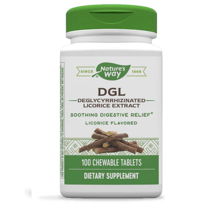 Extracto de Regaliz Deglicirrizado (DGL) 75 mg con Glicina de Nature's Way | Ayuda en el alivio de la acidez estomacal | 100 Tabletas Masticables Sabor Regaliz