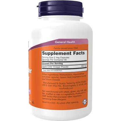 Vinagre de Sidra de Manzana 450 mg de NOW Foods | 180 Cápsulas Veganas para Apoyo Digestivo y Control de Peso