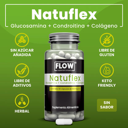 Glucosamina, Colágeno, Condroitina con vitaminas 1000mg por porción NATUFLEX de Flow Supplements | Promueve la función articular,  los ligamentos y a nivel óseo | 90 cápsulas vegetales