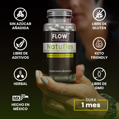 Glucosamina, Colágeno, Condroitina con vitaminas 1000mg por porción NATUFLEX de Flow Supplements | Promueve la función articular,  los ligamentos y a nivel óseo | 90 cápsulas vegetales