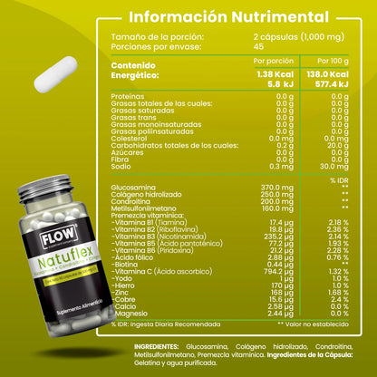 Glucosamina, Colágeno, Condroitina con vitaminas 1000mg por porción NATUFLEX de Flow Supplements | Promueve la función articular,  los ligamentos y a nivel óseo | 90 cápsulas vegetales