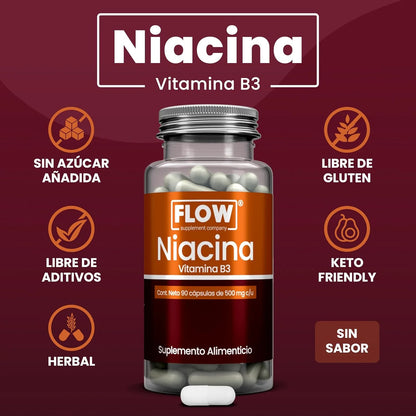 Vitamina B3 - Niacina 500mg de Flow Supplements | Apoya la función cardiovascular y metabólica, aumentando la energía | 90 cápsulas vegetales