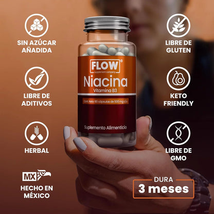 Vitamina B3 - Niacina 500mg de Flow Supplements | Apoya la función cardiovascular y metabólica, aumentando la energía | 90 cápsulas vegetales