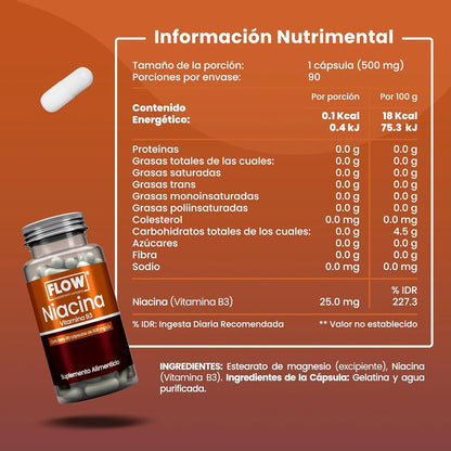 Vitamina B3 - Niacina 500mg de Flow Supplements | Apoya la función cardiovascular y metabólica, aumentando la energía | 90 cápsulas vegetales