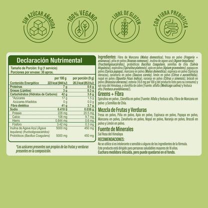 Fibra de Manzana con Potasio, Calcio y Probióticos 9g Greens Jugo Verde En Polvo 270g de Valara Nutrition | Antioxidantes naturales | 30 servicios