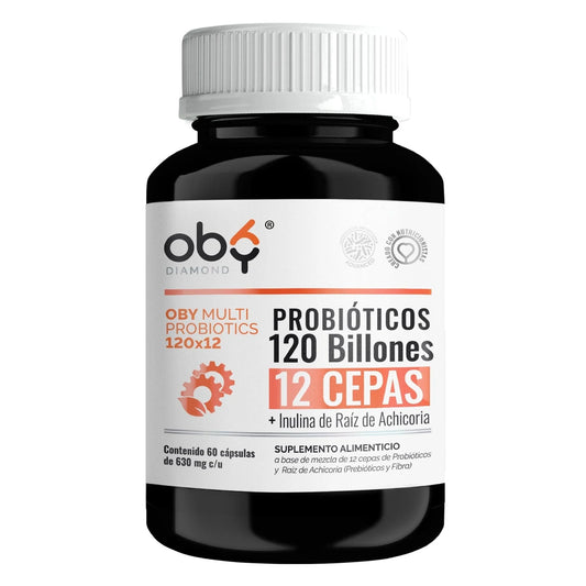 Probióticos 120 Billones UFC 12 Cepas + Inulina de Raíz de Achicoria de Oby | Bienestar Digestivo | 60 Cápsulas de 630 mg