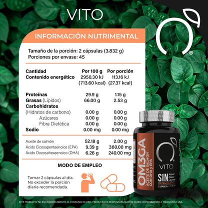 DUO: Omega 3 - Aceite de Salmón con EPA y DHA 1916g por cápsula de Vito | Apoyo de la función cerebral, cardiovascular, cutánea e inmunitaria | DUO 180 cápsulas