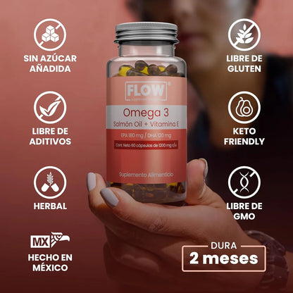 Omega 3, Aceite de salmón + Vitamina E 1200mg de Flow Supplement | Apoyo Cardiovascular, Ocular y Cerebral | 60 cápsulas vegetales