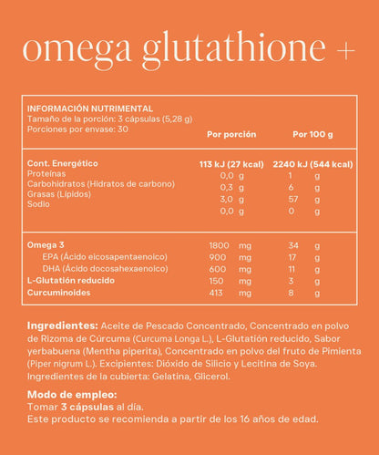 Omega 3 (EPA y DHA), glutatión reducido, curcuminoides y extracto de pimienta negra | Omega Glutathione+ de Reset | Apoyo Antioxidante | 90 cápsulas