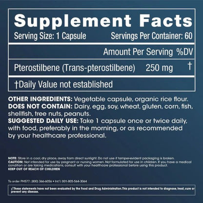 Pterostilbeno Pro 250 mg | Bienestar metabólico y cerebral | 60 Cápsulas
