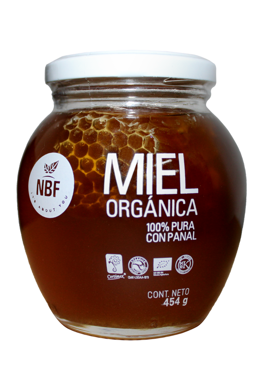 Miel de Abeja Orgánica 100% Pura con Panal de NBF - 100% Natural | Rica fuente de antioxidantes y propiedades antibacterianas | 454g