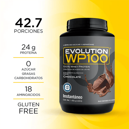 Proteína de Suero de Leche (Whey) Instantánea Sabor Chocolate u otros sabores 32.8g de Evolution WP100 |  1.4kg o 2.8kg, 42 y 85 porciones