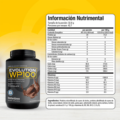 Proteína de Suero de Leche (Whey) Instantánea Sabor Chocolate u otros sabores 32.8g de Evolution WP100 |  1.4kg o 2.8kg, 42 y 85 porciones