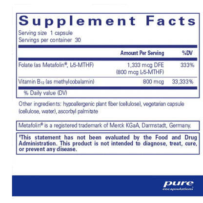 B12 + Folato Activo Pure Encapsulations | Funcionamiento normal del sistema nervioso | 60 cápsulas
