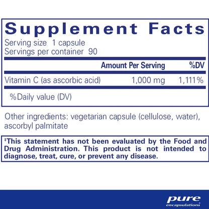 Vitamina C 1000 mg Pure Encapsulations | Función inmune, protección antioxidante | 90 cápsulas