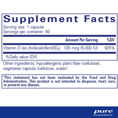 Vitamina D3 5000 UI Pure Encapsulations | Absorción y utilización del calcio | 60 cápsulas
