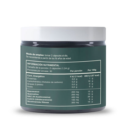 Resveratrol, Quercetina, N-acetilcisteína (NAC), Coenzima Q10 y NAD, Resvera NAD+ de Reset | Respalda el equilibrio de funciones metabólicas | 60 cápsulas