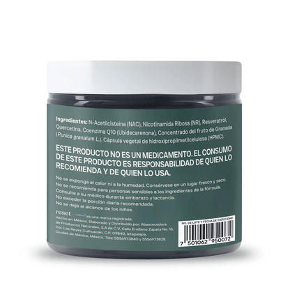 Resveratrol, Quercetina, N-acetilcisteína (NAC), Coenzima Q10 y NAD, Resvera NAD+ de Reset | Respalda el equilibrio de funciones metabólicas | 60 cápsulas