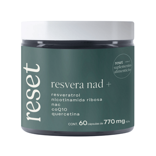 Resveratrol, Quercetina, N-acetilcisteína (NAC), Coenzima Q10 y NAD, Resvera NAD+ de Reset | Respalda el equilibrio de funciones metabólicas | 60 cápsulas