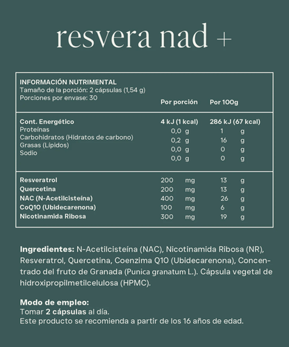 Resveratrol, Quercetina, N-acetilcisteína (NAC), Coenzima Q10 y NAD, Resvera NAD+ de Reset | Respalda el equilibrio de funciones metabólicas | 60 cápsulas