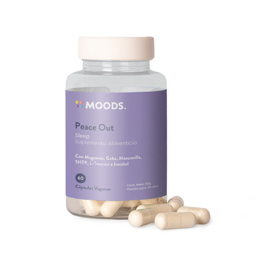 L-Teanina, GABA, Inositol con vitaminas y magnesio 1000mg por porción Peace Out de Moods | Contribuye en la conciliación y calidad del sueño | 60 cápsulas veganas