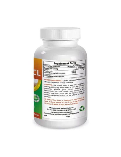 Betaína HCL de Best Naturals | Apoyo Digestivo | 648 mg 250 Cápsulas