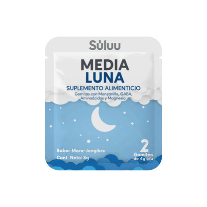 GABA + Magnesio + Pasiflora y Manzanilla 4g Media Luna de Súluu | Promueve un sueño profundo y reparador, actuando sobre el insomnio | 240g en 60 gomitas o su opción de 2 gomitas para el día sabor Menta - Jengibre