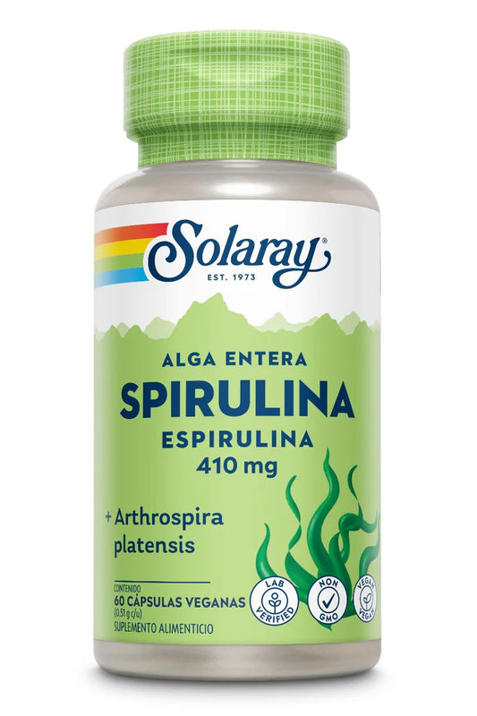 Spirulina / Espirulina (Alga Entera Orgánica) 410 mg de Solaray | Funcionamiento cerebro-vascular, Fortalece el metabolismo, Mejora del sistema inmunológico | 60 cápsulas veganas