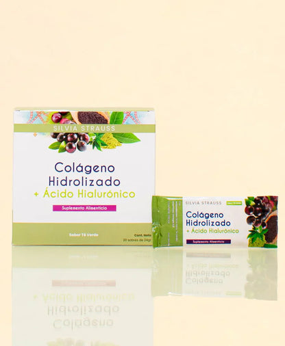 Colágeno Hidrolizado + Ácido Hialurónico con Antioxidantes, Vitaminas y Omegas 24g por porción de Silvia Strauss | Fortaleza de los huesos, articulaciones y cartílagos - Piel hidratada y saludable | Polvo de 1200g y 20 Sobres de 24g Sabor Té Verde