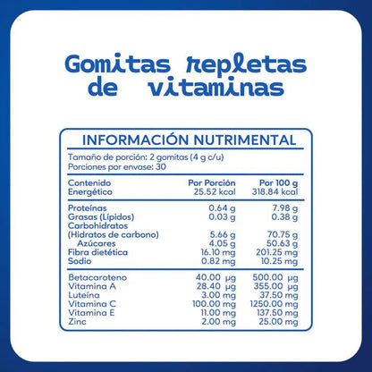 Luteína + Betacarotenos + Vitamins y Minerales 4g Luz Azul de Súluu | Contribuye a la reducción del estrés ocular, manteniendo la vista descansada | 240g en 60 gomitas sabor Acaí - Mango