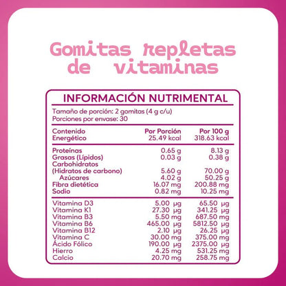 Vitaminas del complejo B, Calcio, Hierro y Vitamina C, D y K 4g de Súluu | Diseñado con el fin de promover la fortaleza del sistema inmune de la mujer | 240g en 60 gomitas sabor Fresa - Mango