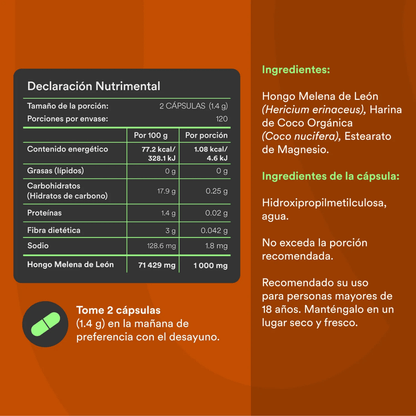 Hongo Melena de León 700mg - Ruge de Wu Nutrition | Promueve la función del sistema nervioso,  a nivel cognitivo y memoria | 120 cápsulas vegetales