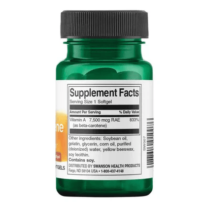 Betacaroteno Vitamina A 25.000 UI 7500mcg de Swanson | Contribuye a mejorar la visión y mantener una piel saludable | 100 cápsulas blandas