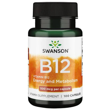 Vitamina B12 500 mcg de Swanson |  Producción de energía, combatiendo la fatiga - Favorece la función cerebral, contribuyendo a una mejor concentración y memoria | 100 y 250 cápsulas vegetales