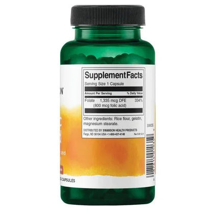 Ácido Fólico 800 mcg de Swanson |  Fortalece el sistema inmunológico, vital para la producción celular y del ADN| 250 cápsulas vegetales