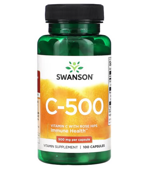 Vitamina C con rosa mosqueta 500mg de Swanson |  Refuerza el sistema inmune, ayudando al cuerpo a defenderse contra enfermedades e infecciones | 100 cápsulas vegetales