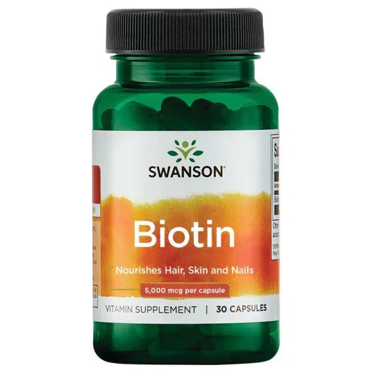 Biotina 5000 mcg de Swanson | Promueve el cuidado del cabello, piel y uñas | 30 cápsulas vegetales