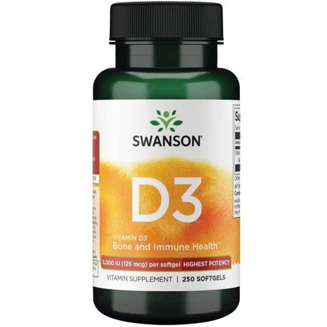 Vitamina D3 5000 UI 125mcg de Swanson | Apoya la absorción de calcio, asegurando que el cuerpo utilice eficientemente este mineral crucial para la función ósea | 250 cápsulas blandas vegetales