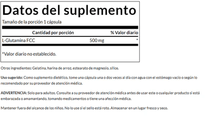 L-Glutamina 500mg de Swanson | Ayuda en la recuperación muscular, aumentando los niveles de energía | 100 cápsulas vegetales