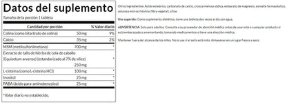 MSM, Extracto de cola de caballo y Colina | Soporte para Cabello, Piel y Uñas, Aporta nutrientes esenciales | 60 Tabletas vegetales