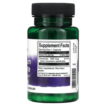 Picolinato de Cromo 200 mcg de Swanson | Apoya la función metabólica | 100 y 200 cápsulas vegetales
