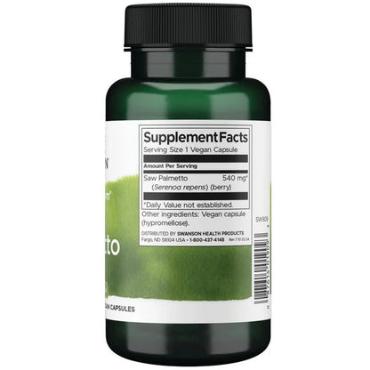 Saw Palmetto 540mg de Swanson | Bienestar masculino, que apoya el equilibrio hormonal | 100 y 250 cápsulas vegetales