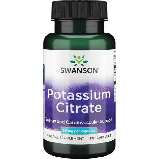 Citrato de Potasio 99 mg de Swanson  | Apoya la función muscular, ayudando a prevenir calambres y mejorando el rendimiento físico | 120 cápsulas vegetales