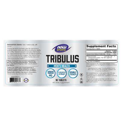 Tribulus terrestris 1,000 mg + Calcio 130 mg de NOW Sports | Extracto Estandarizado, Doble Fuerza | 90 tabletas