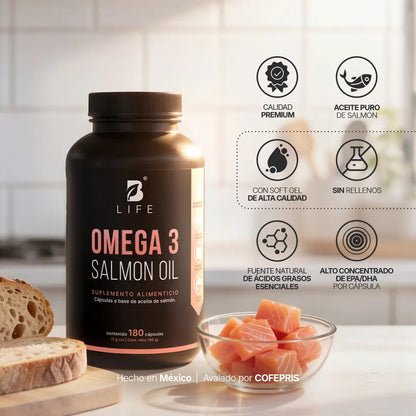 Omega 3 Aceite Puro de Salmón 1000 mg | B-Life | Apoyo Cardiovascular | 180 cápsulas