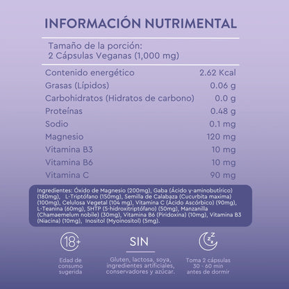 L-Teanina, GABA, Inositol con vitaminas y magnesio 1000mg por porción Peace Out de Moods | Contribuye en la conciliación y calidad del sueño | 60 cápsulas veganas